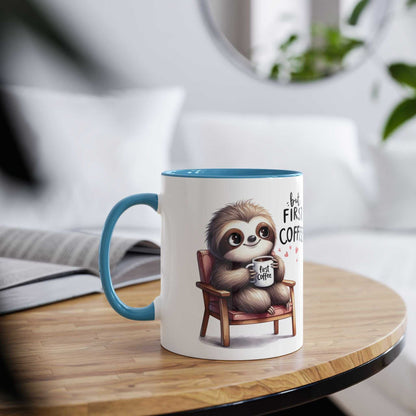 cute sloth coffee mug with cheerful design on wooden table