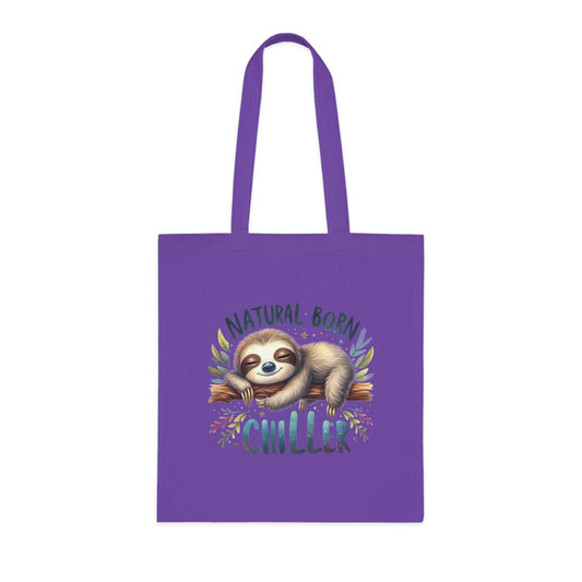 Cute sloth tote bag with vibrant design and "Natural Born Chiller" text, perfect for carrying essentials.