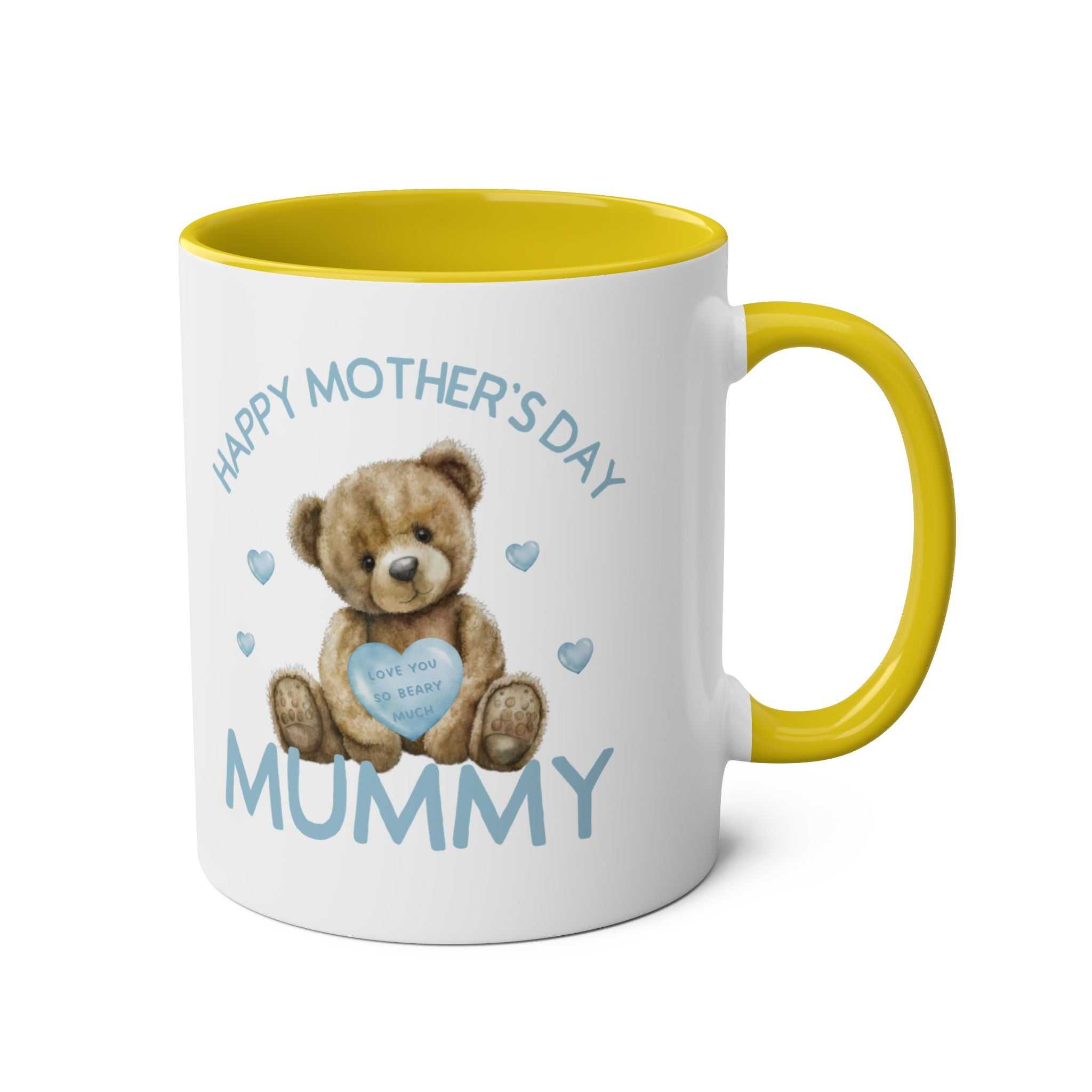 Cute bear design Mother's Day gift mug with "Happy Mother's Day Mummy" text, yellow interior.