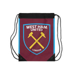West Ham Utd drawstring bag in claret and blue with crossed hammers crest, lightweight polyester gym and casual bag