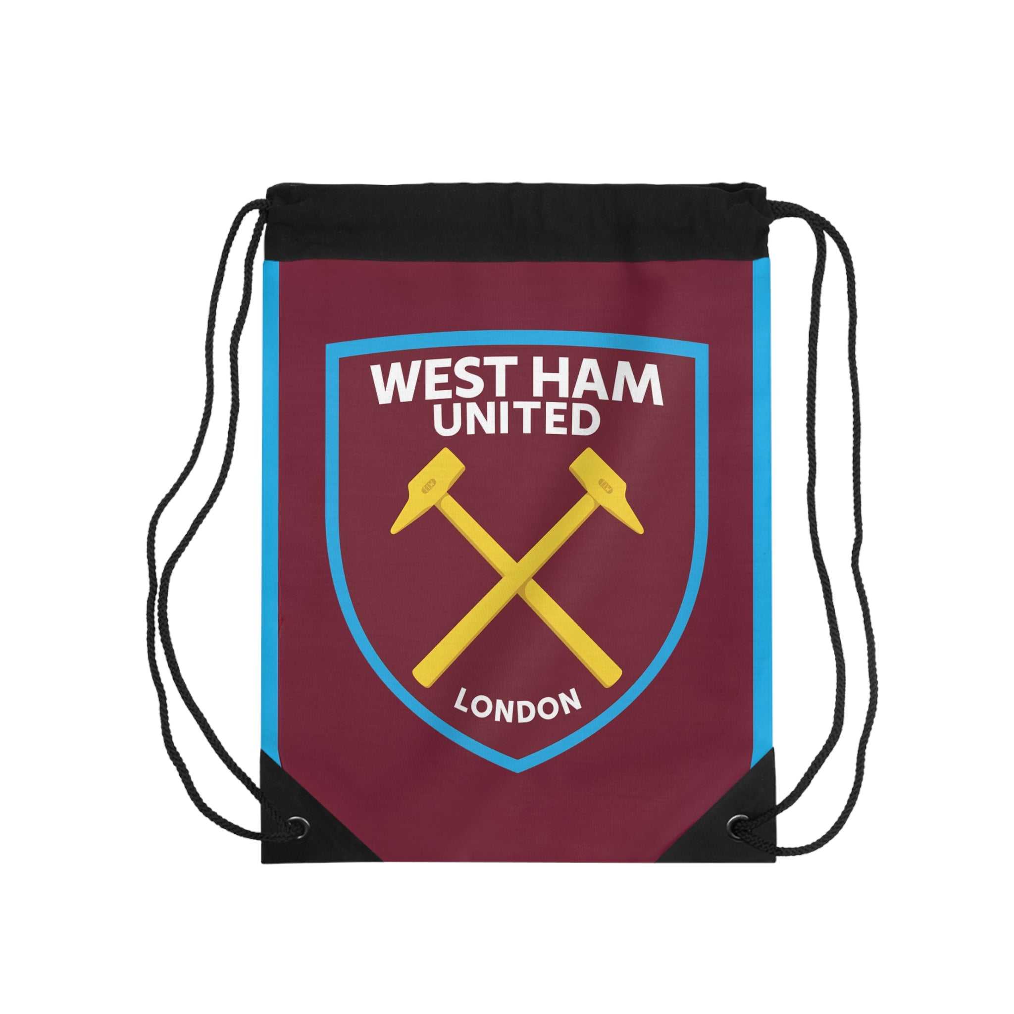 West Ham Utd drawstring bag in claret and blue with crossed hammers crest, lightweight polyester gym and casual bag