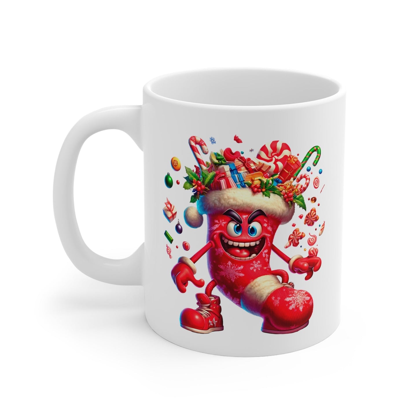 Festive and cheeky rude Christmas mug with a fun design, 11oz ceramic, glossy finish.