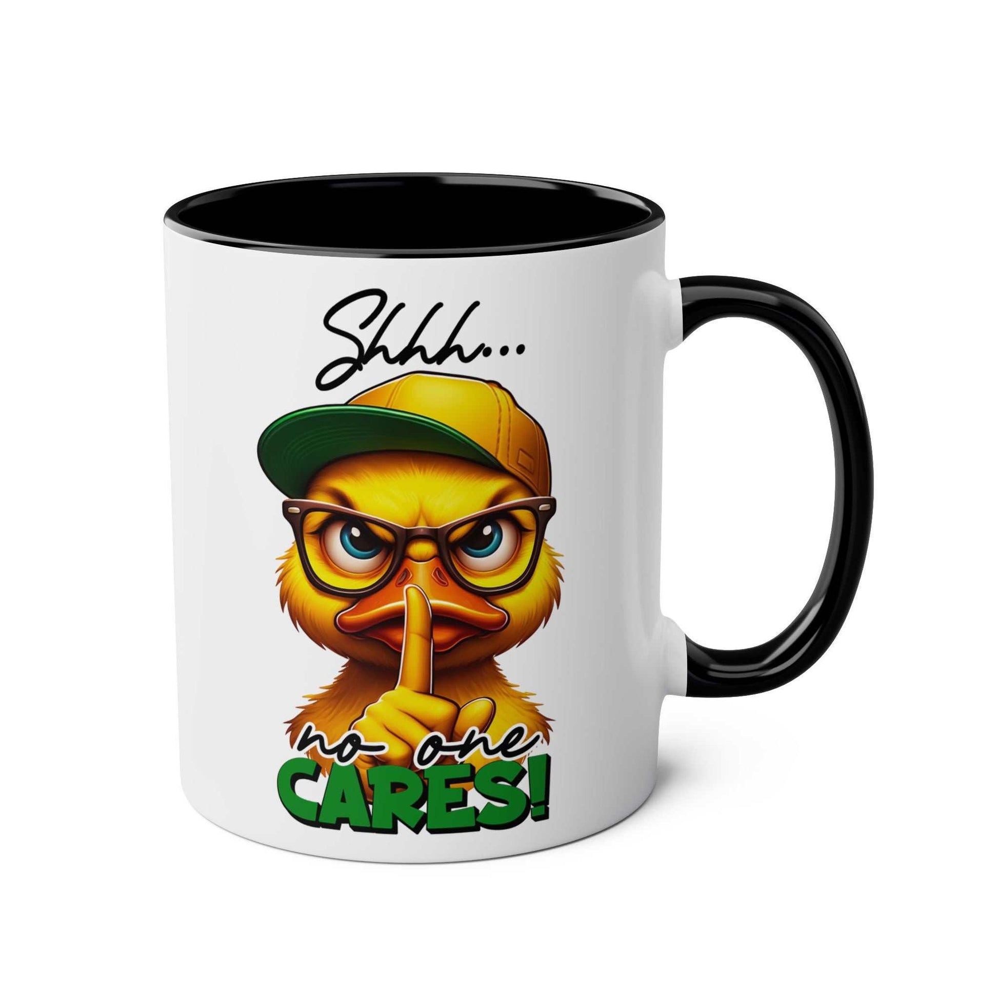 Sarky duck design on No One Cares Coffee Mug with "shhh" message.