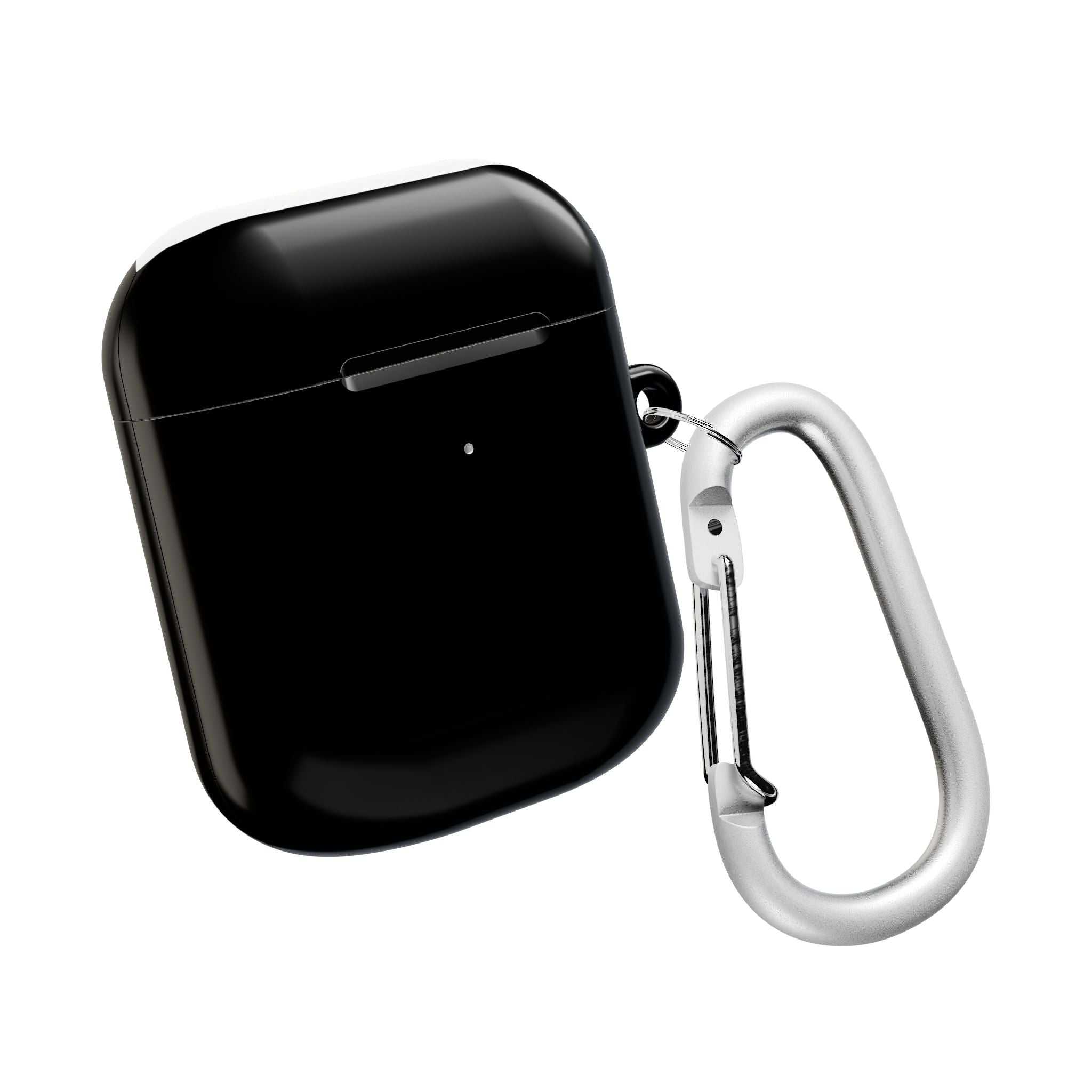 Black AirPods/Pro protective case with glossy finish and attached silver carabiner clip