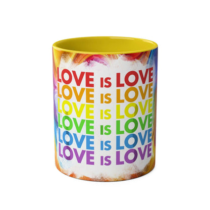 LGBTQ+ Pride mug with vibrant rainbow design and "Love is Love" text.