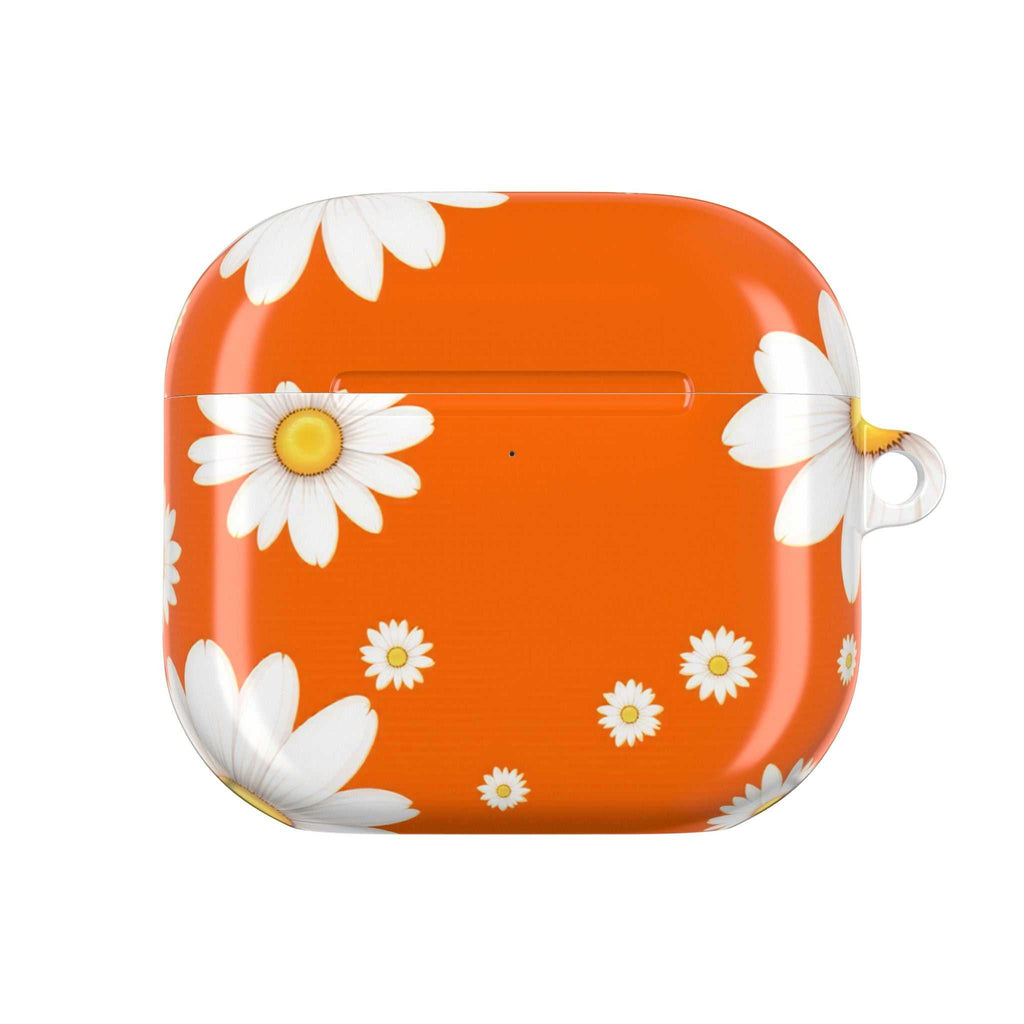 Orange Daises AirPods protective case with white daisy floral design on vibrant orange background