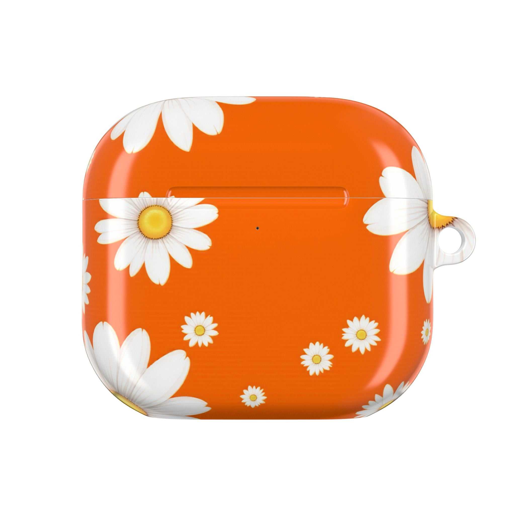 Orange Daises AirPods protective case with white daisy floral design on vibrant orange background