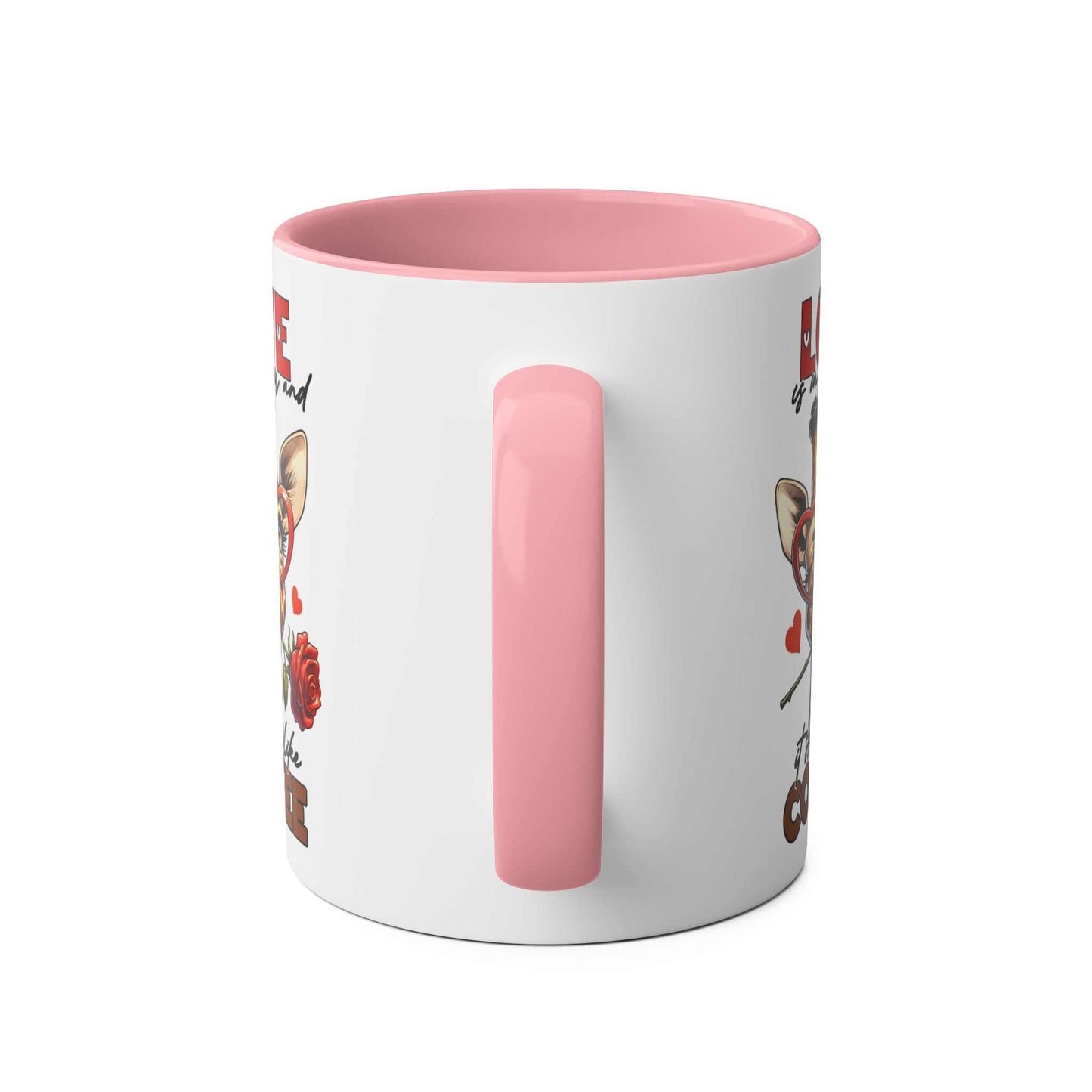 Pink Smells Like Coffee Mug with playful giraffe design and glossy finish.