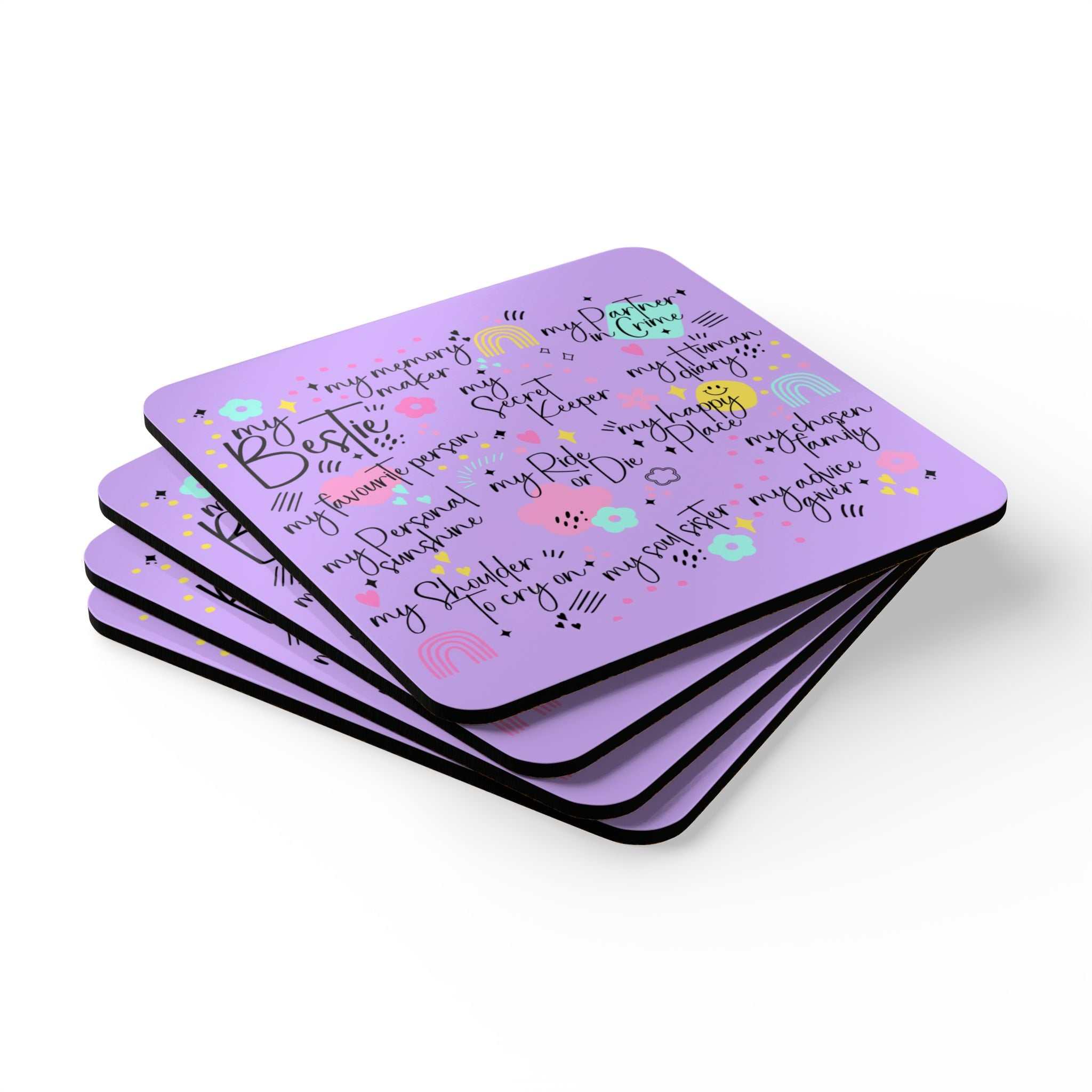 Colorful My Bestie Violet Coaster Set with playful designs and text, 4-piece set.