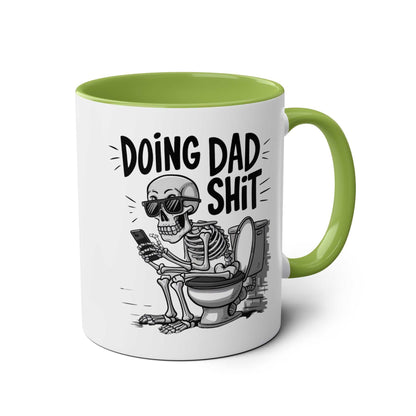 Fun Fathers Day Gift Mug with skeleton design, green handle, 11oz ceramic, dishwasher safe.