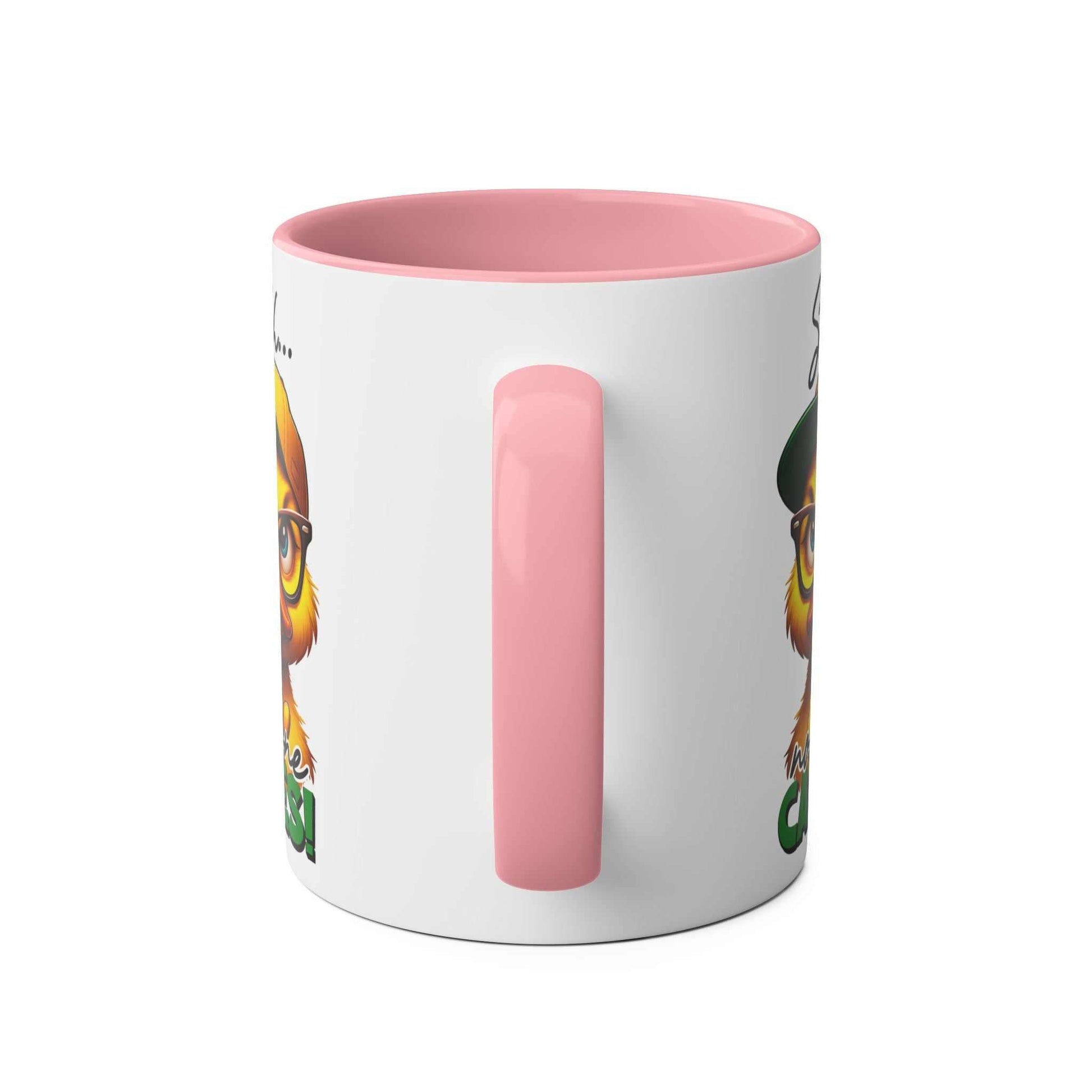 Ceramic mug with pink handle featuring a sassy duck design and "shhh" message, perfect for adding humor to your coffee routine.