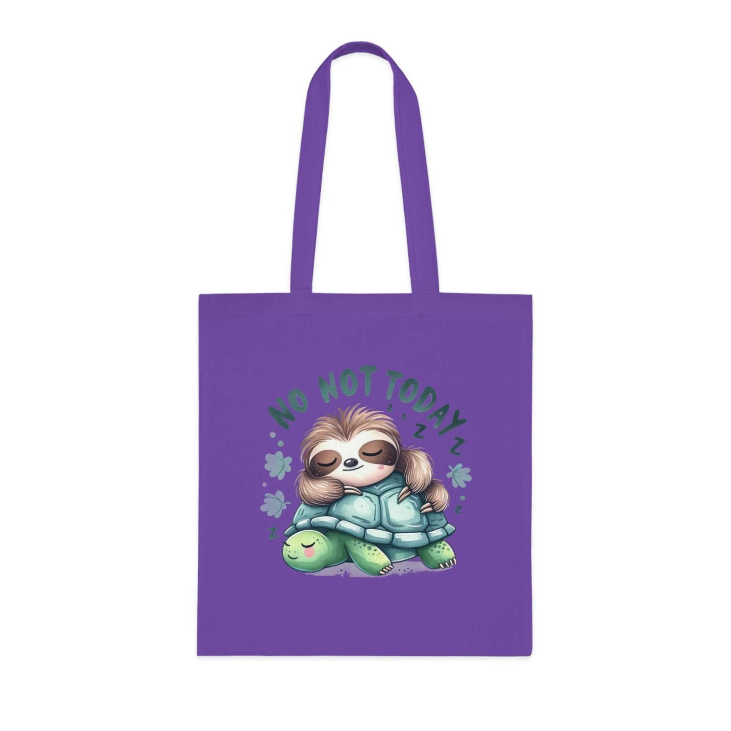 Purple cotton tote bag with a cute sloth design and "No Not Today" text.