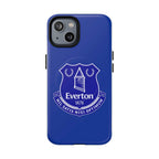Everton FC MagSafe iPhone case in royal blue with club crest, dual-layer protection, and MagSafe compatibility