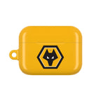 Wolves FC AirPods protective case in gold with black wolf crest logo, shock-resistant and wireless charging compatible