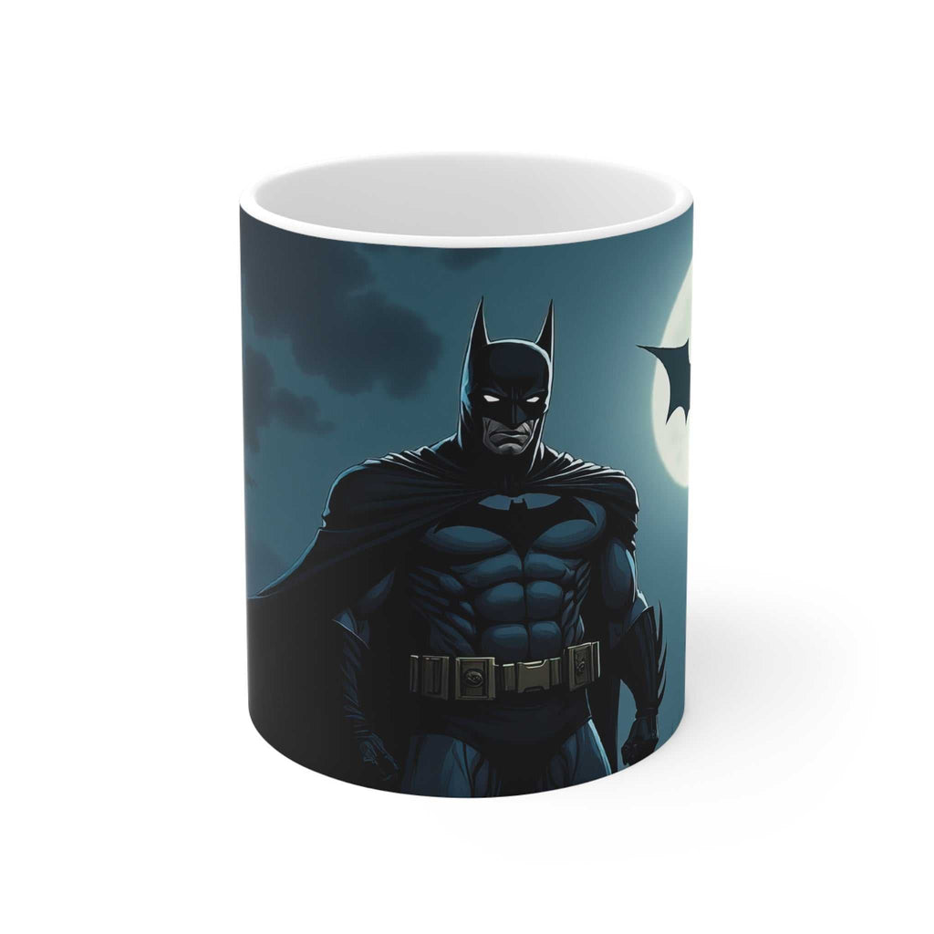 Batman themed coffee mug featuring a dark knight design with glossy finish, made of durable ceramic, microwave and dishwasher safe.