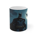 Batman themed coffee mug with glossy finish featuring Dark Knight design, 11oz ceramic, microwave and dishwasher safe