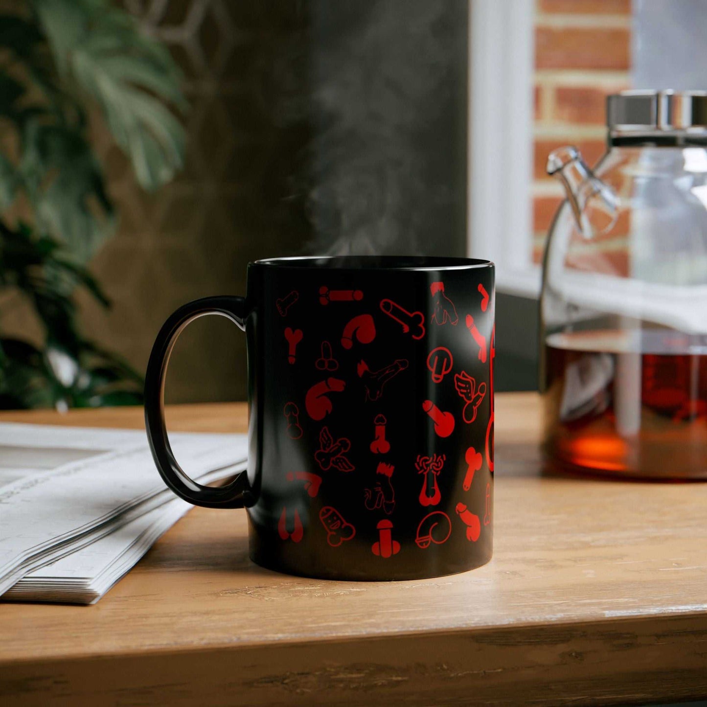 Cheeky Fun Red Willie Mug with playful red willies print on black ceramic.