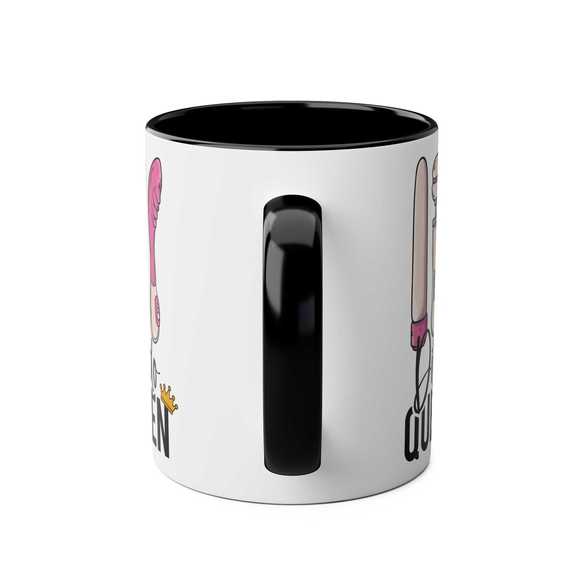 Dildo Queen Coffee Mug with playful design and black handle, 11oz ceramic, available in 7 colors.