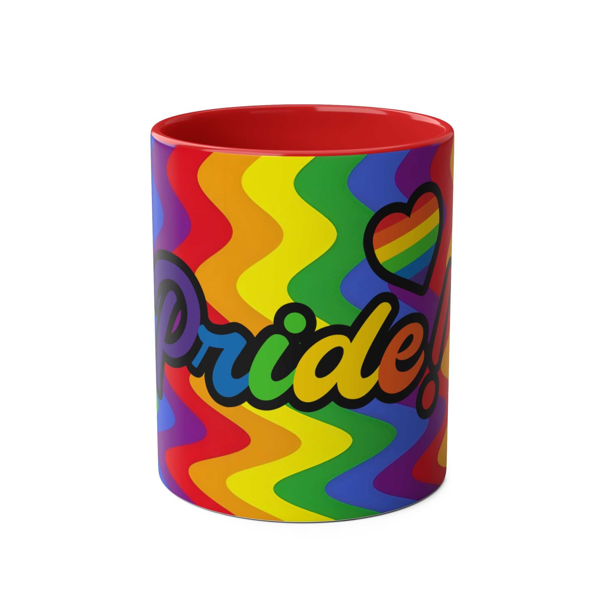 LGBTQ+ Pride mug with vibrant rainbow design and "Pride" text, 11oz ceramic, glossy finish.