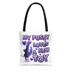 Cheeky fun cat toy tote bag with durable spun polyester and multiple handle color options
