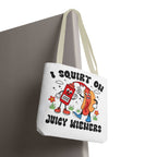 I Squirt On Juicy Wieners Fun Tote Bag with cheeky hot dog design and colorful handles