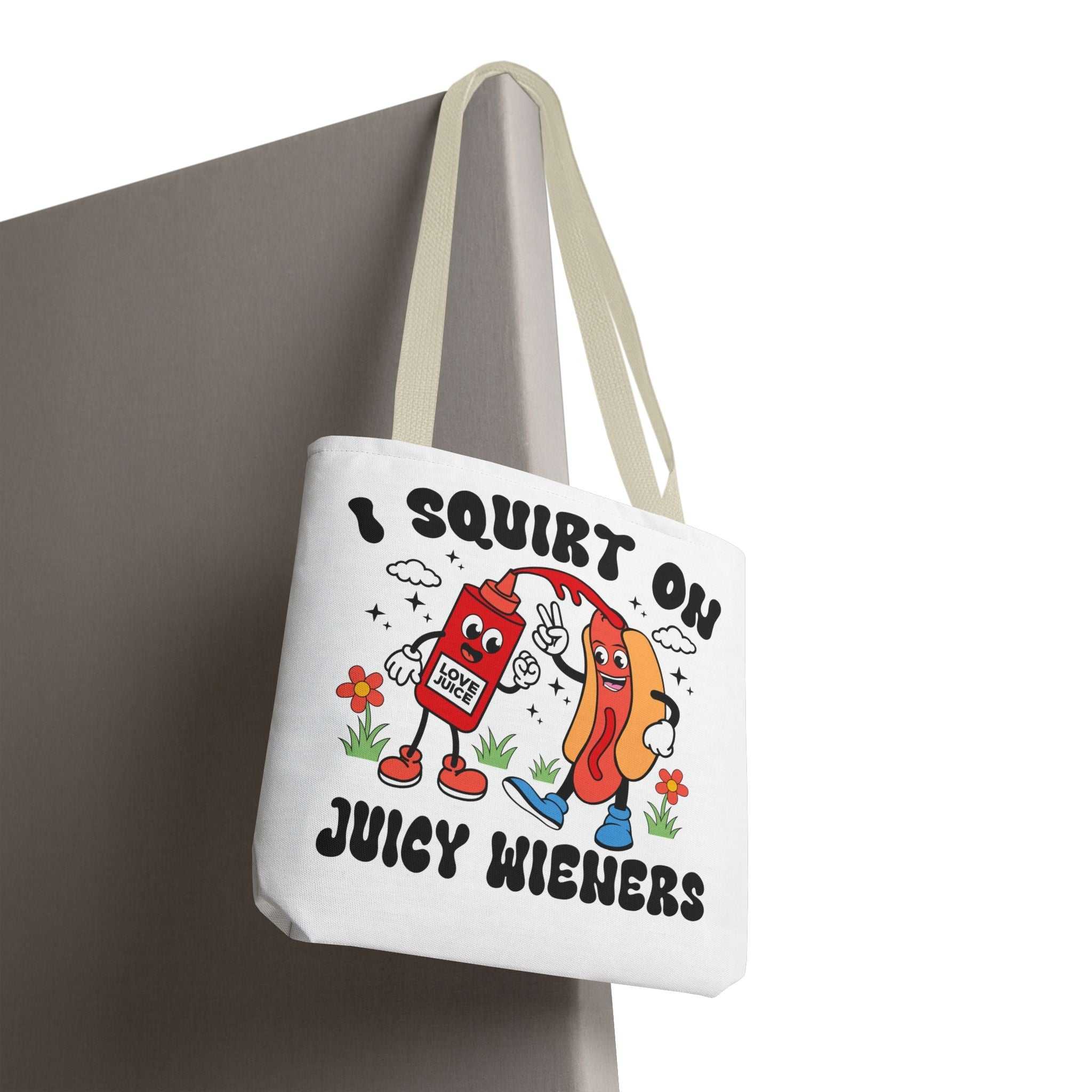 I Squirt On Juicy Wieners Fun Tote Bag with cheeky hot dog design and colorful handles
