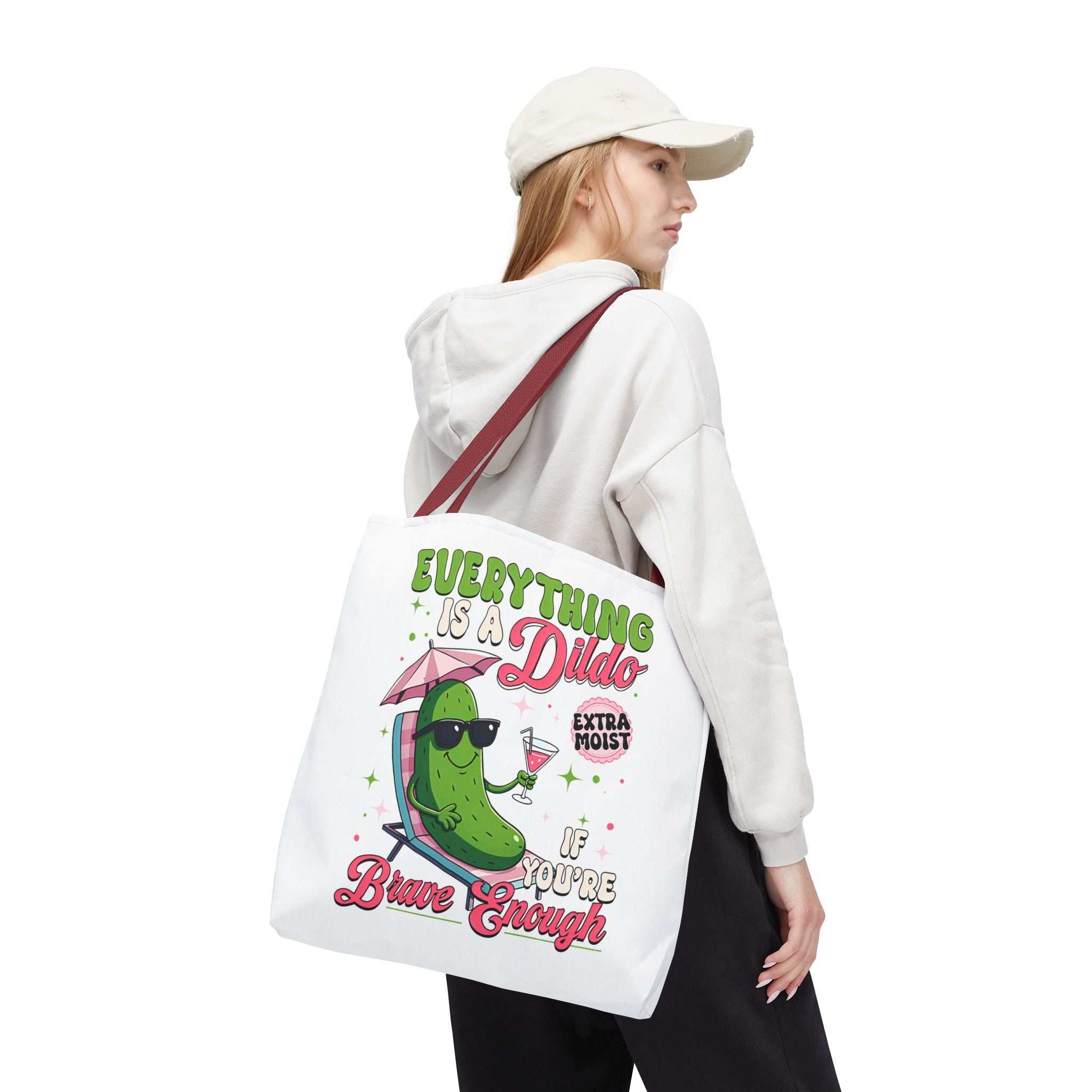 Cheeky Quote Pickle Tote Bag with fun design, multiple sizes, and durable spun polyester fabric