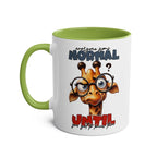 Playful giraffe design on the Everyones Normal Coffee Mug with green handle.