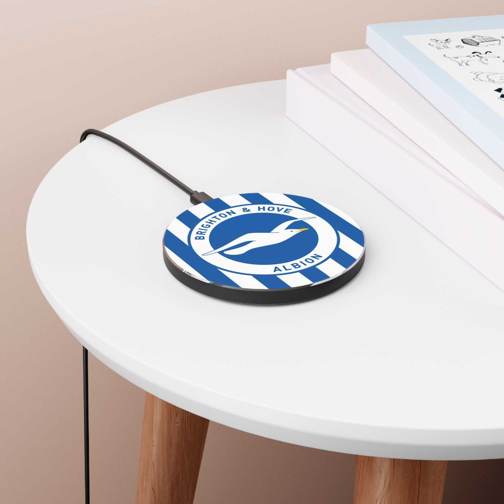 Brighton FC wireless charger with seagull crest and blue white design for fast 10W Qi phone charging