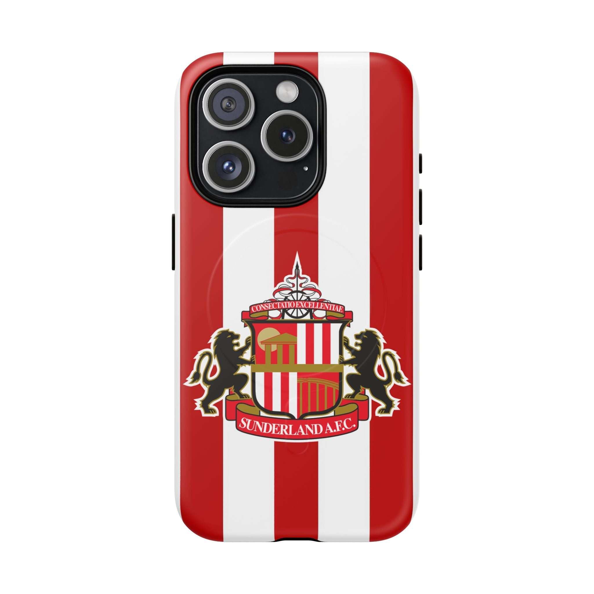 Sunderland FC MagSafe iPhone case with red and white stripes and club crest, durable protective cover