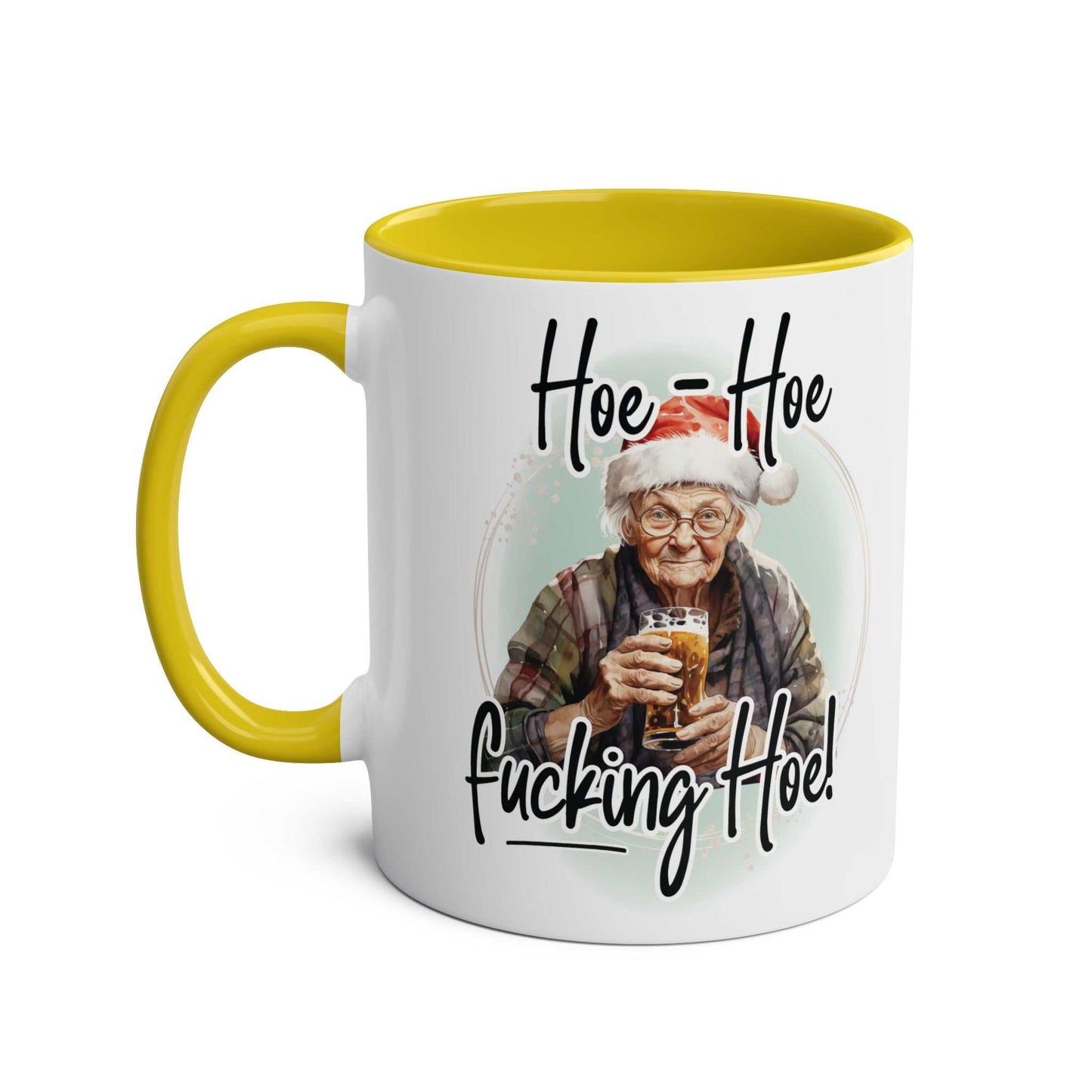 Sweary Granny Christmas Mug with humorous festive design and yellow interior.