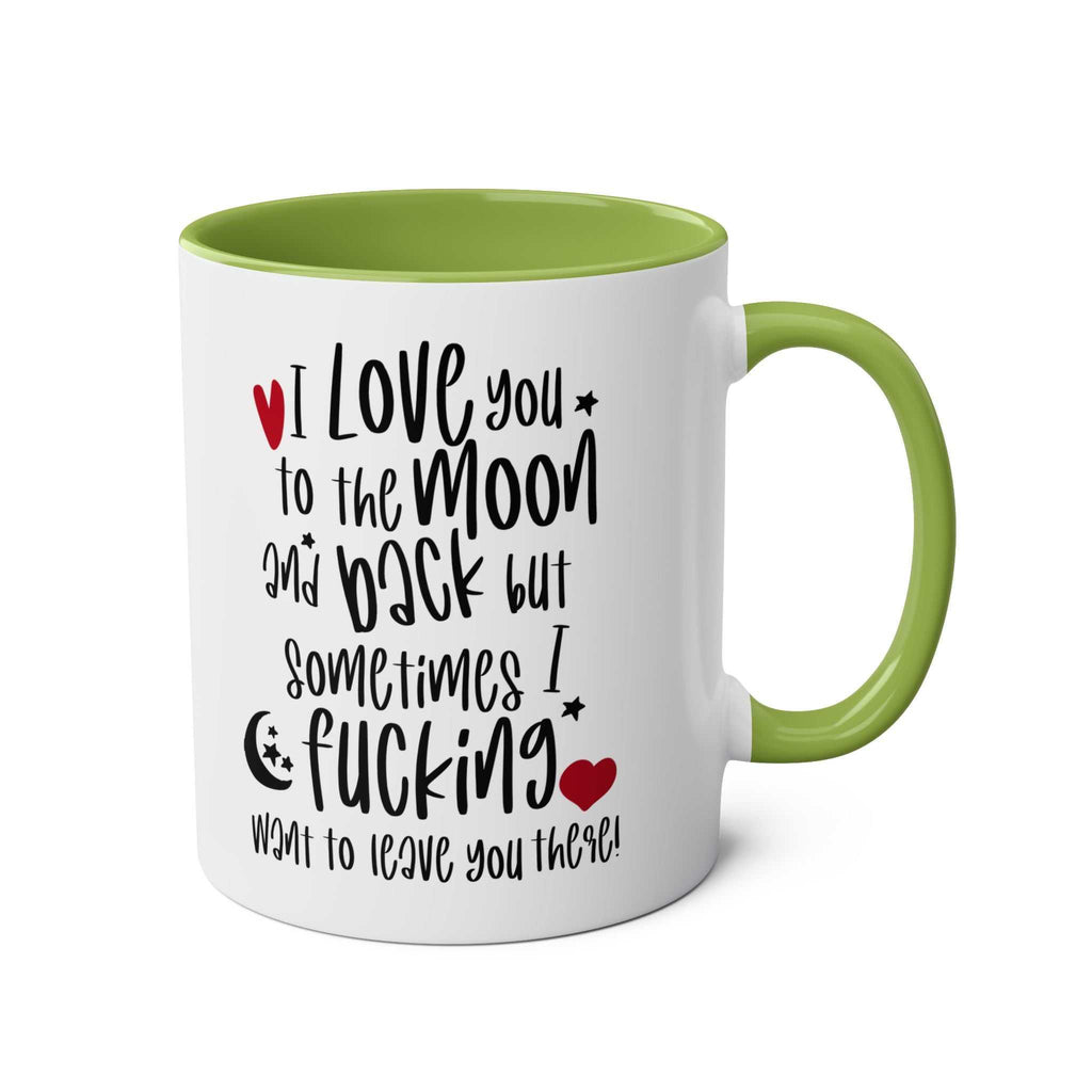 White ceramic cheeky fun Valentines mug with colorful rim and handle, dishwasher safe, featuring humorous quote design.
