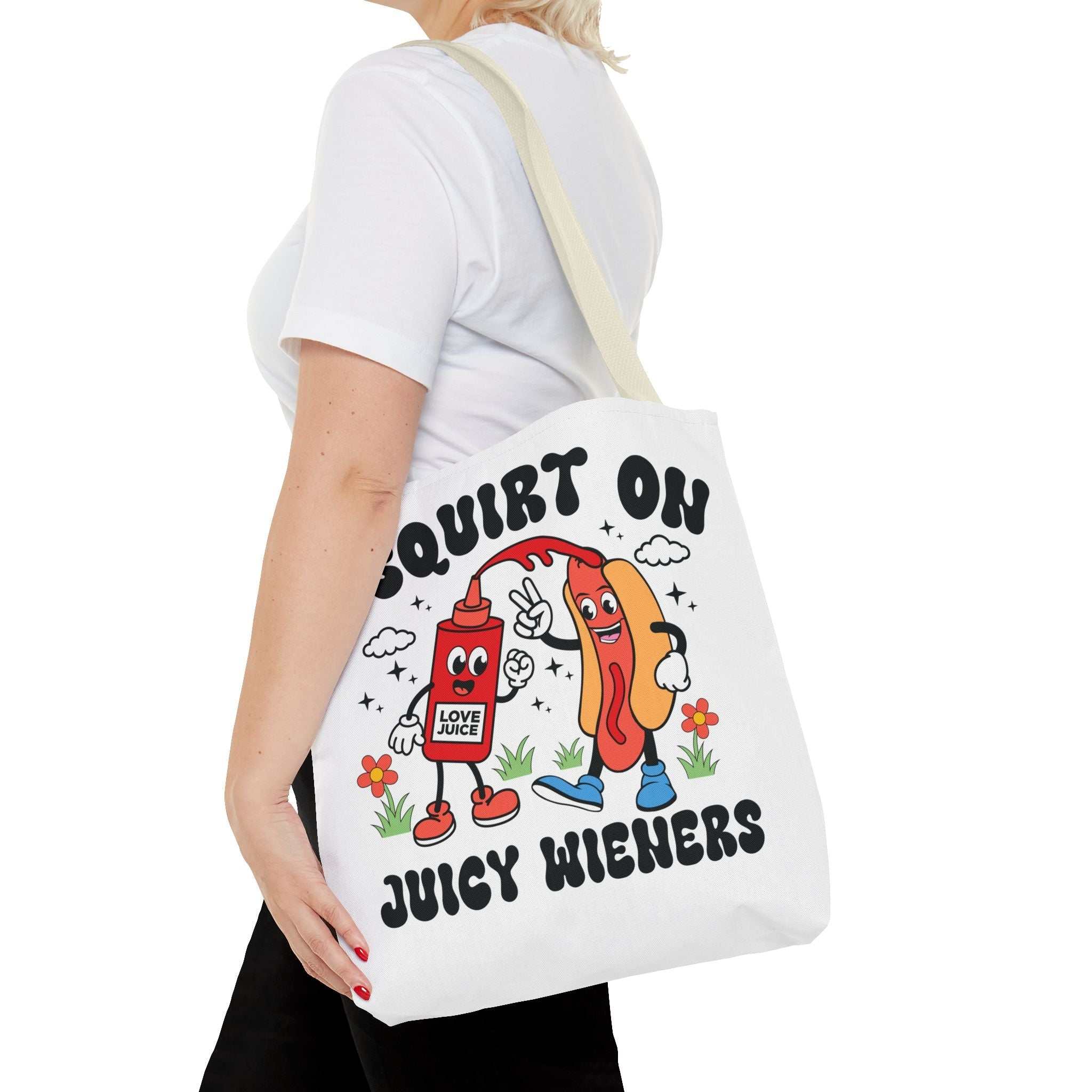 I Squirt On Juicy Wieners Fun Tote Bag with cheeky hot dog design and durable fabric