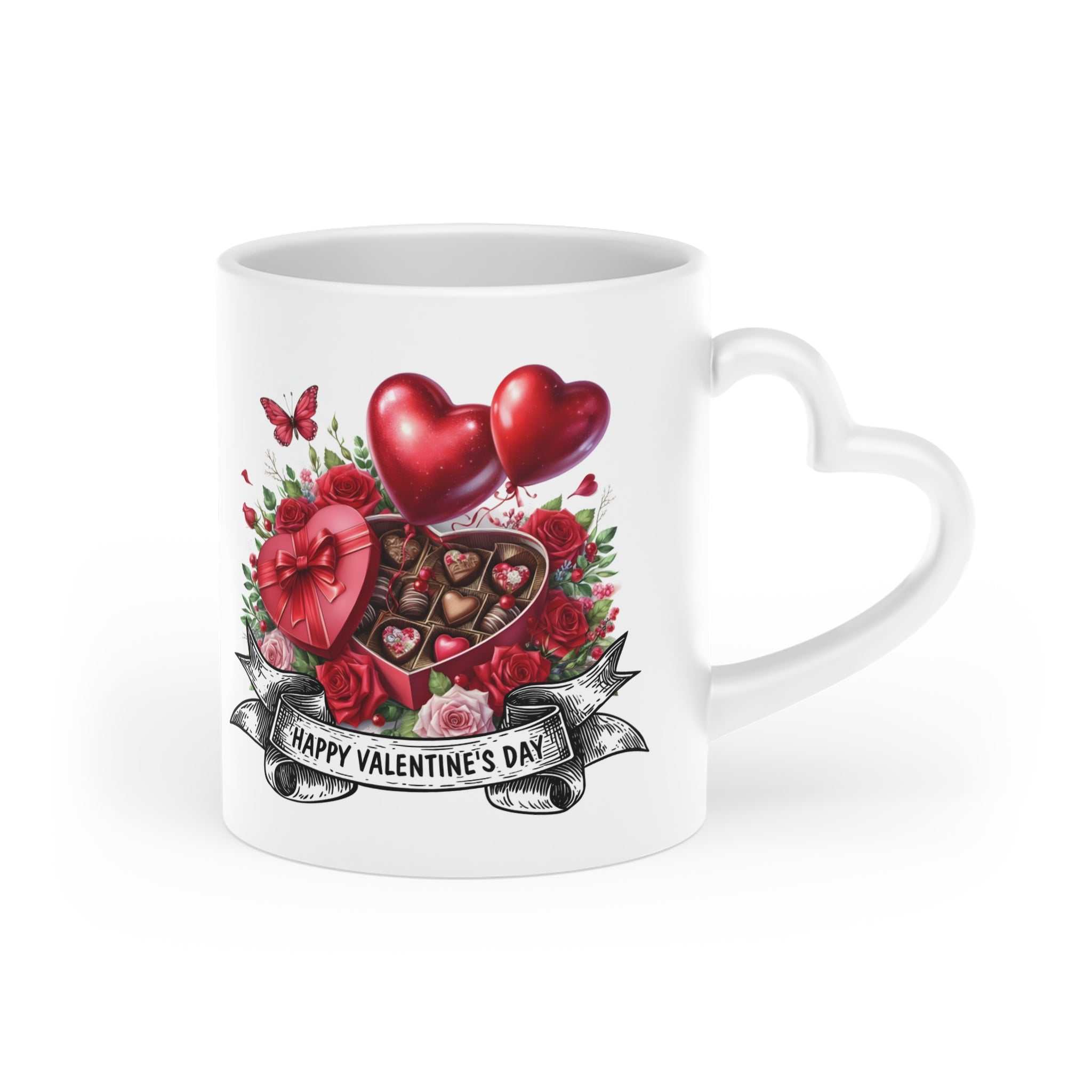 Valentine's Day mug with heart-shaped handle and vibrant romantic design.