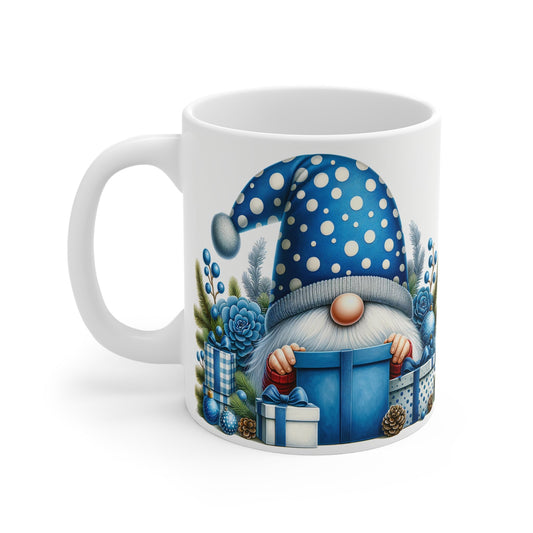 Cute gnome Christmas mug with polka dot hat, perfect for festive drinks.