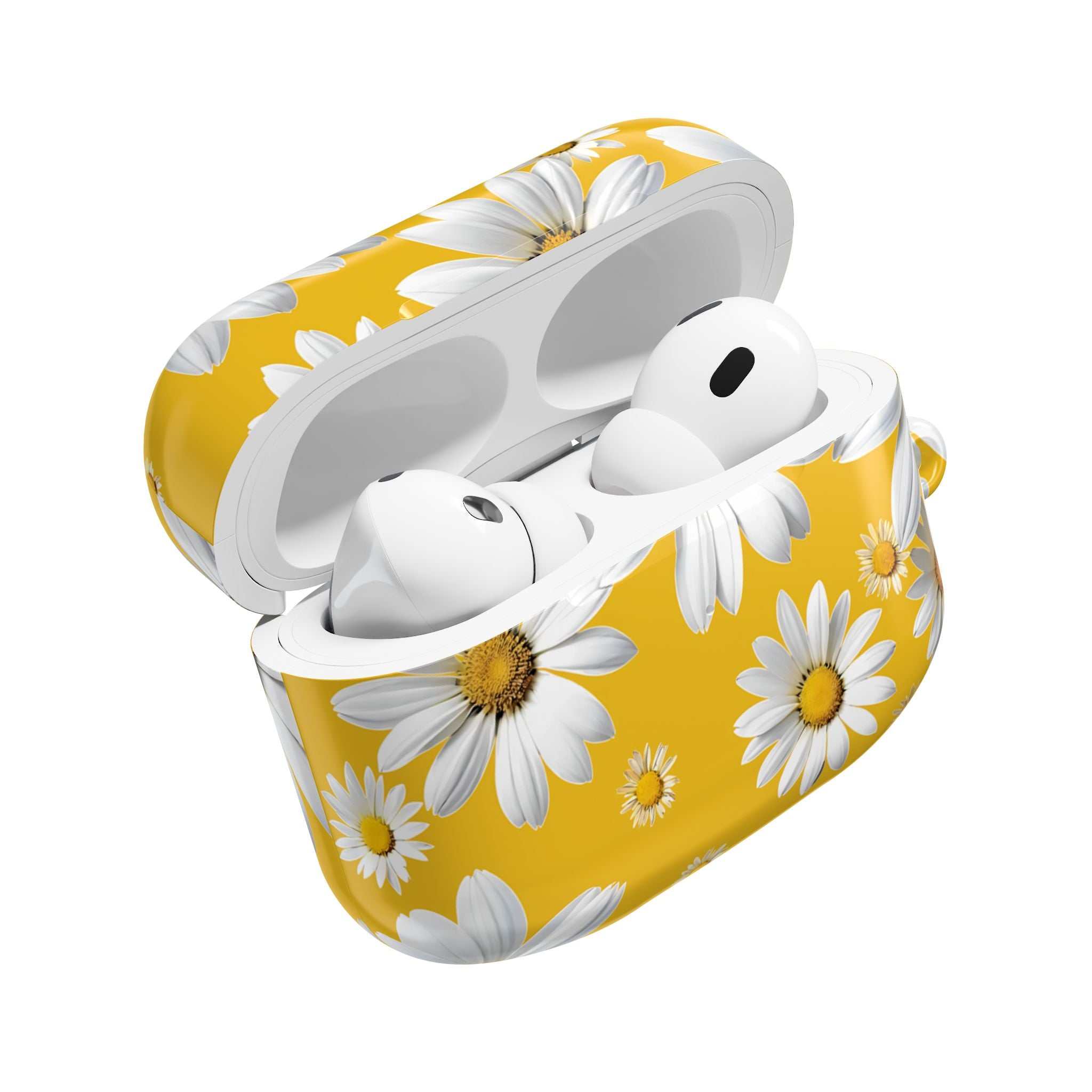 Yellow Daises AirPods case with white daisy design on vibrant yellow hard shell protective cover