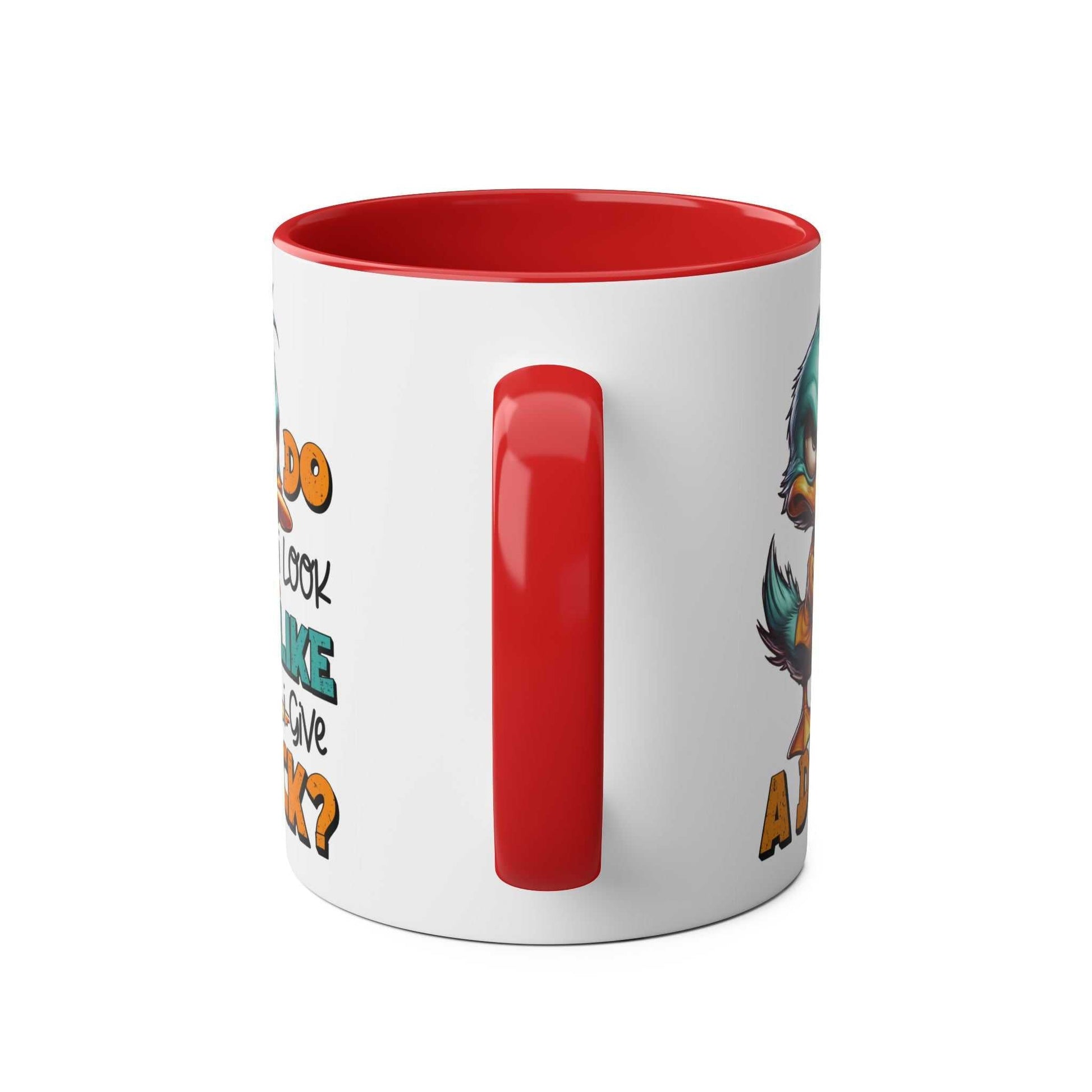 Quirky Give A Duck Coffee Mug with playful duck design, 11oz ceramic, glossy finish.