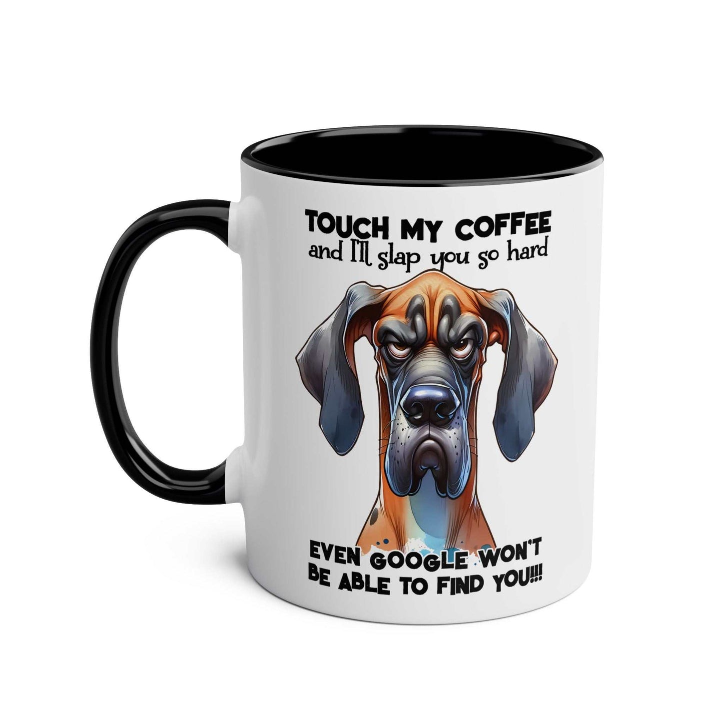 Dog-themed "Touch My Coffee Mug" with playful slogan, available in 7 colors, 11oz ceramic, glossy finish, microwave and dishwasher safe.