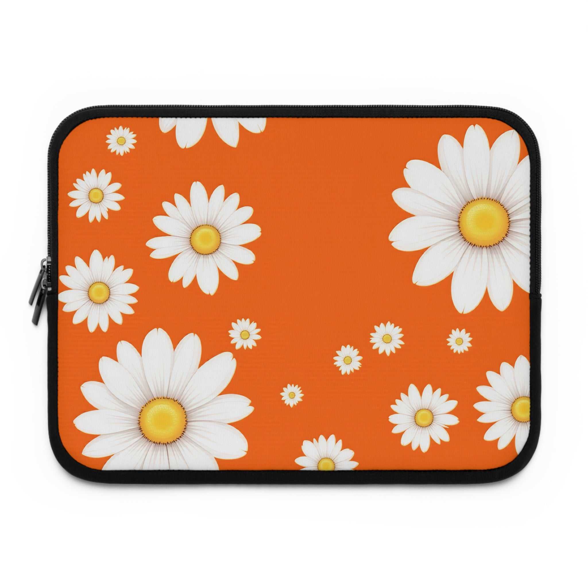 Orange laptop sleeve with white daisy flower design, neoprene material, dual zipper, and soft foam lining for laptop protection