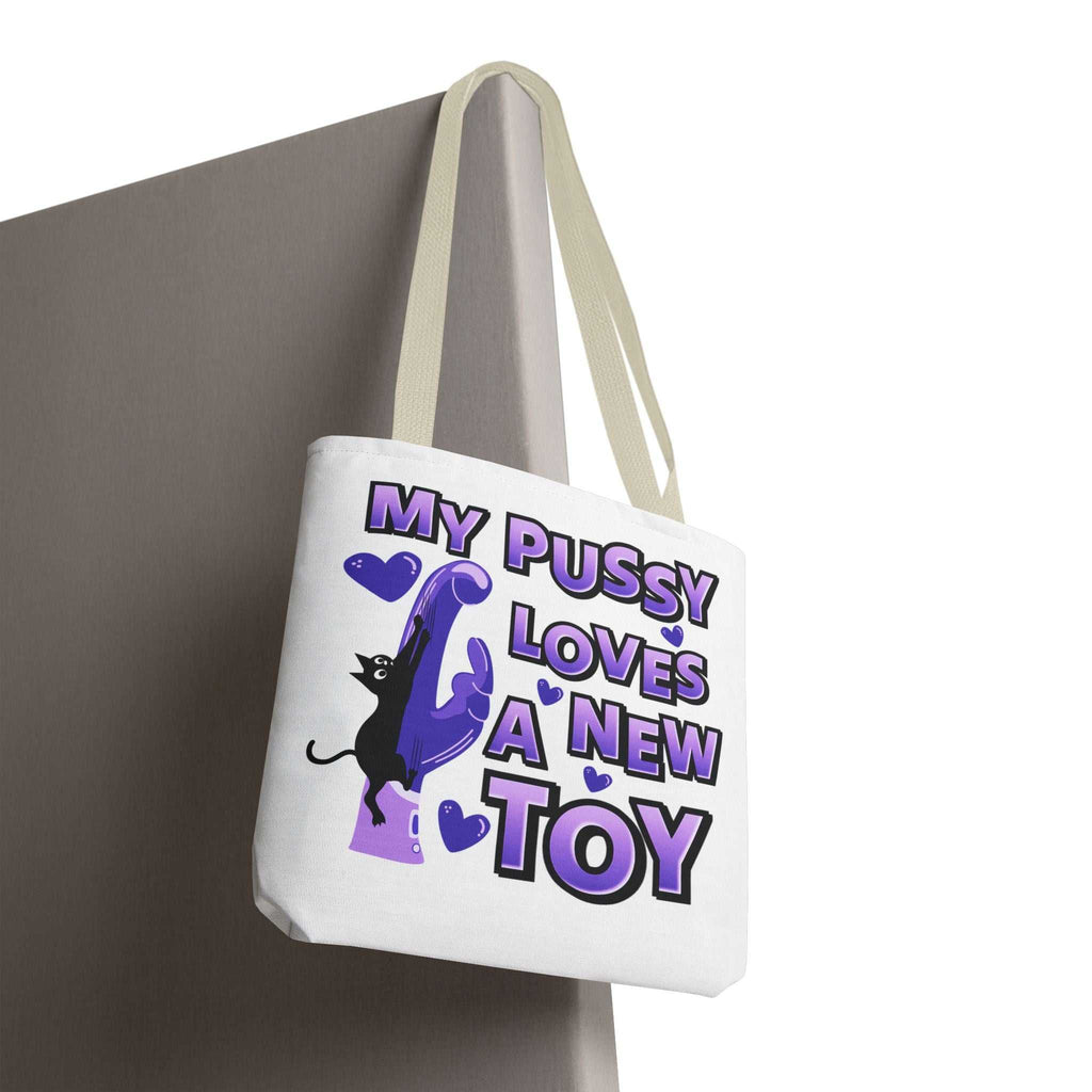 Cheeky fun cat toy tote bag with colorful handles and durable spun polyester fabric