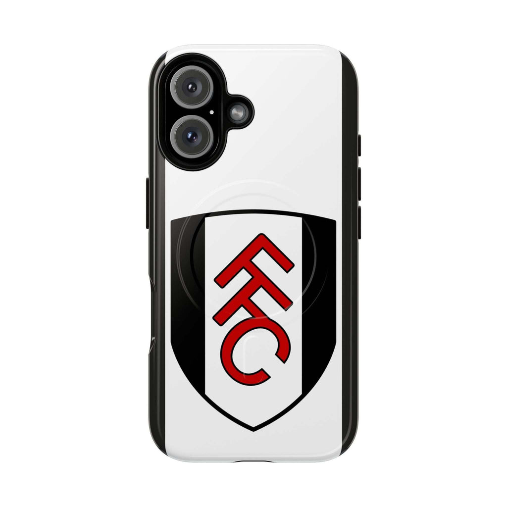 Fulham FC MagSafe iPhone case with black and white club colors and crest, dual layer protection, MagSafe compatible