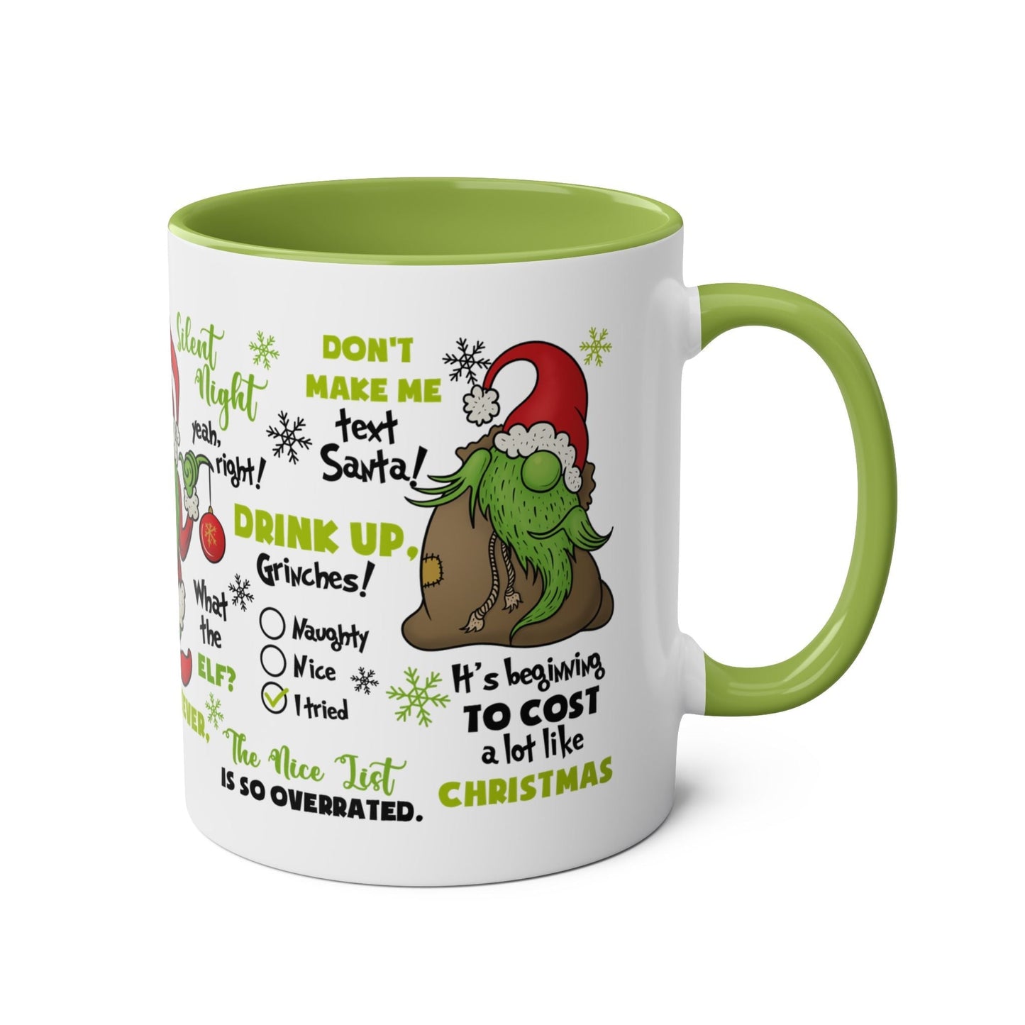 Grinch Christmas mug with funny holiday design, 11oz ceramic, green interior.