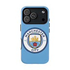 Manchester City MagSafe iPhone case with sky blue color and club logo, durable dual layer protection, and MagSafe compatibility