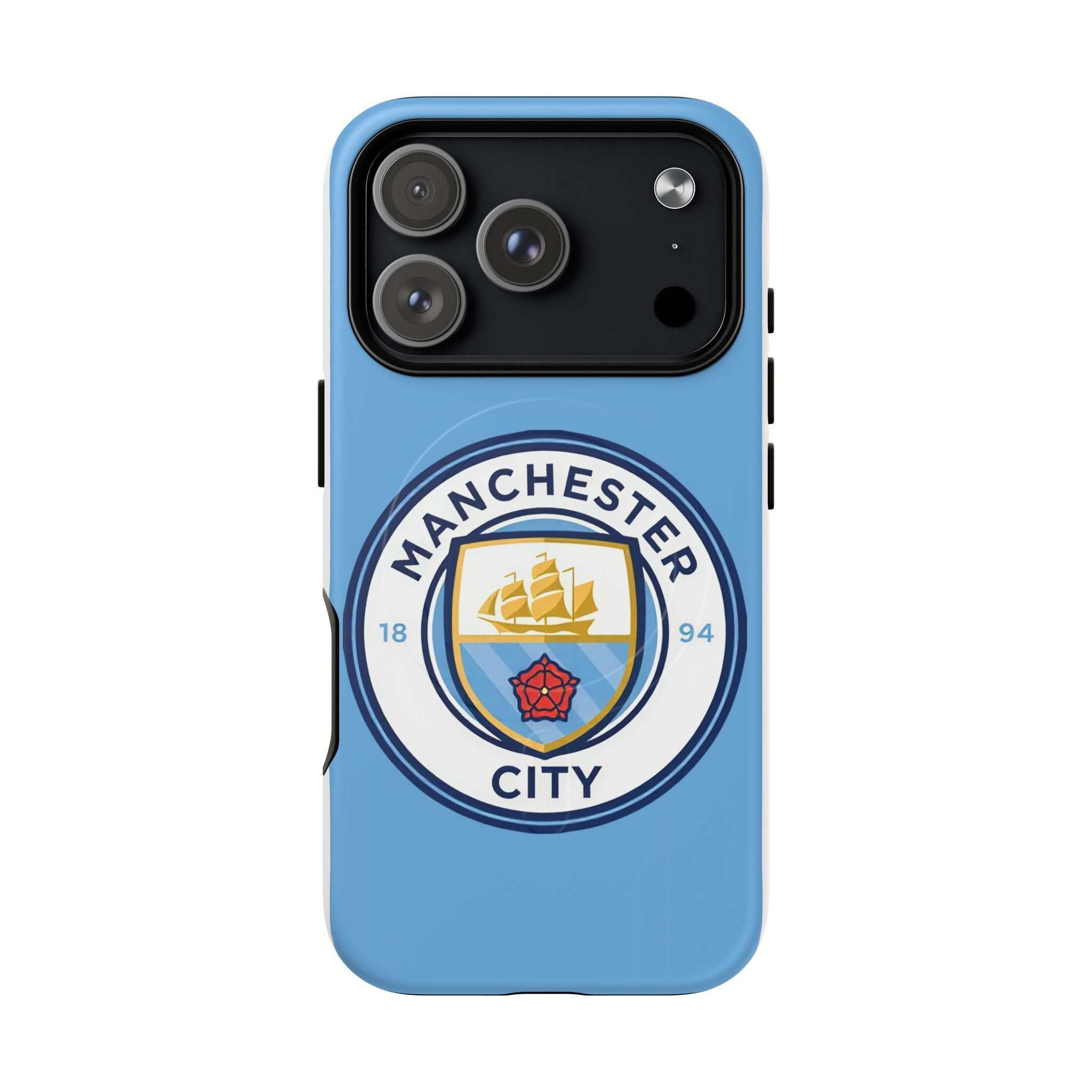 Manchester City MagSafe iPhone case with sky blue color and club logo, durable dual layer protection, and MagSafe compatibility