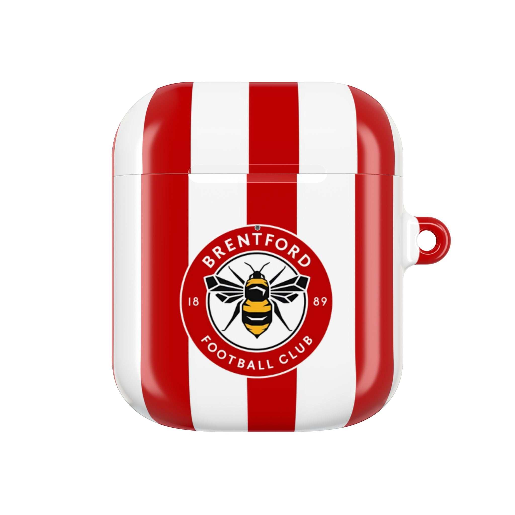Brentford FC AirPods case with red and white stripes and bee crest, durable shock-resistant protective cover compatible with AirPods and AirPods Pro