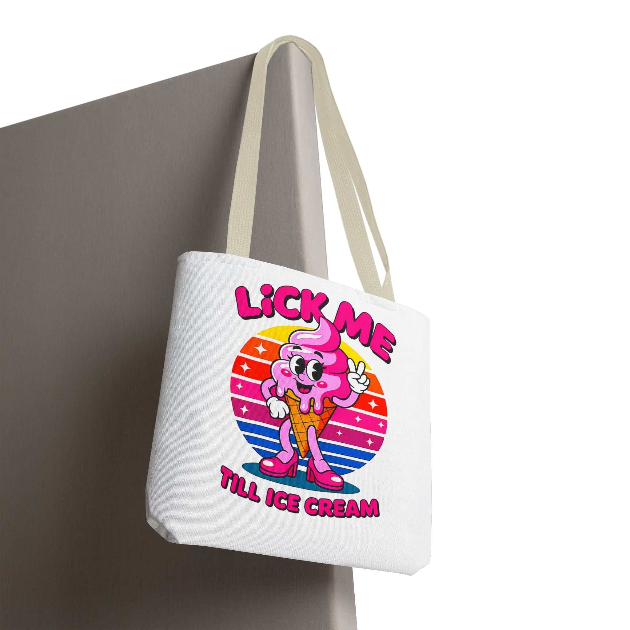 Cheeky Lick Me Till Ice Cream Tote Bag with colorful handles, durable polyester, and playful design for daily use
