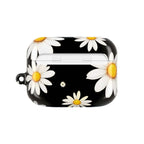 Black Daises AirPods protective hard shell case with vibrant daisy pattern and glossy finish