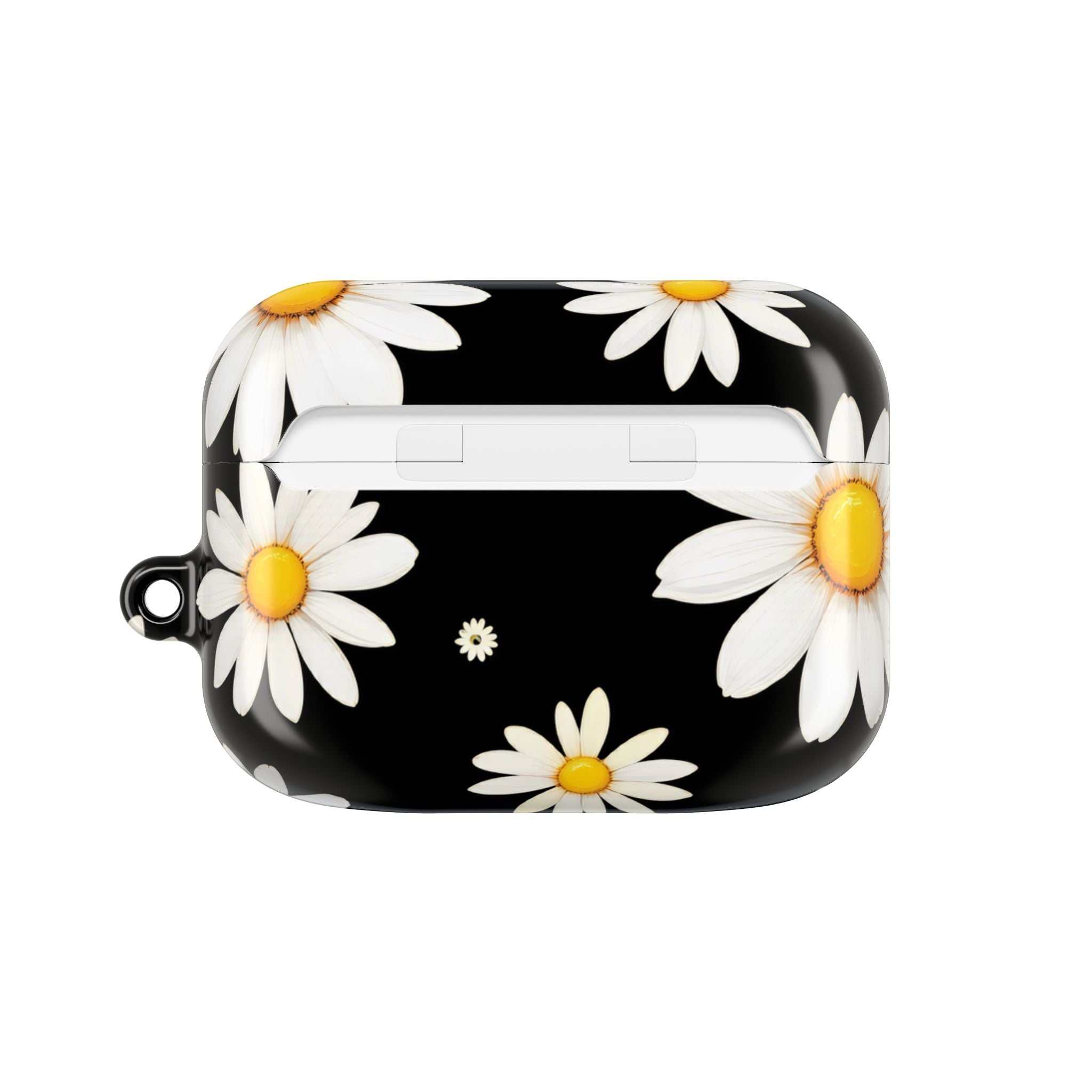 Black Daises AirPods protective hard shell case with vibrant daisy pattern and glossy finish