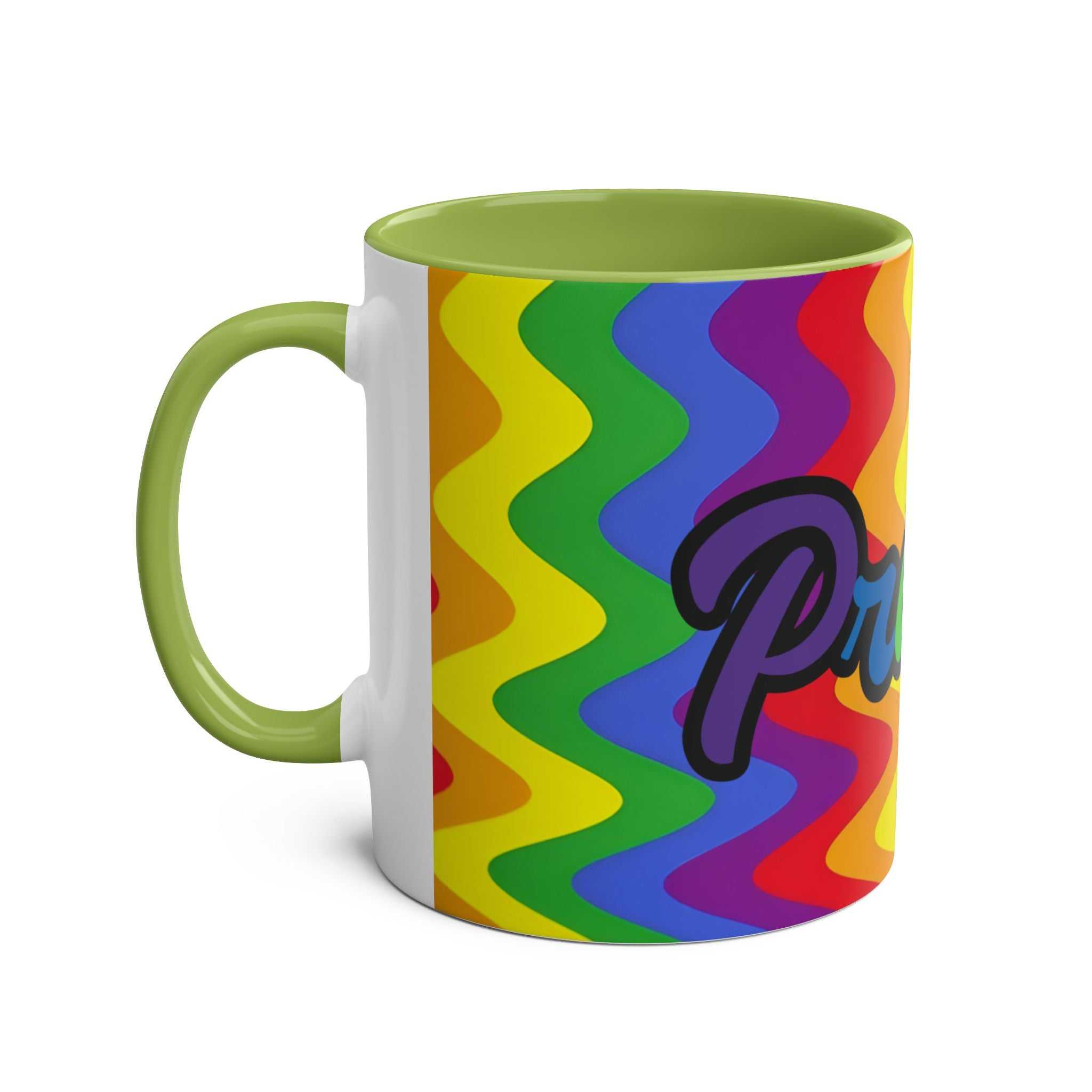 LGBTQ+ Pride mug with vibrant rainbow design and green handle.