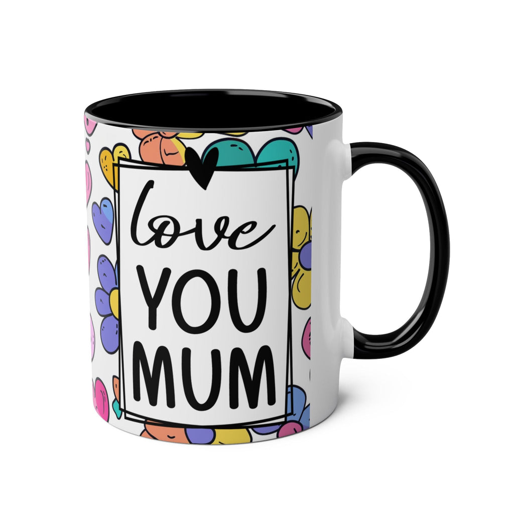 Love You Mum Floral Mug with floral heart design and heartfelt message, 11oz ceramic, glossy finish, microwave and dishwasher safe